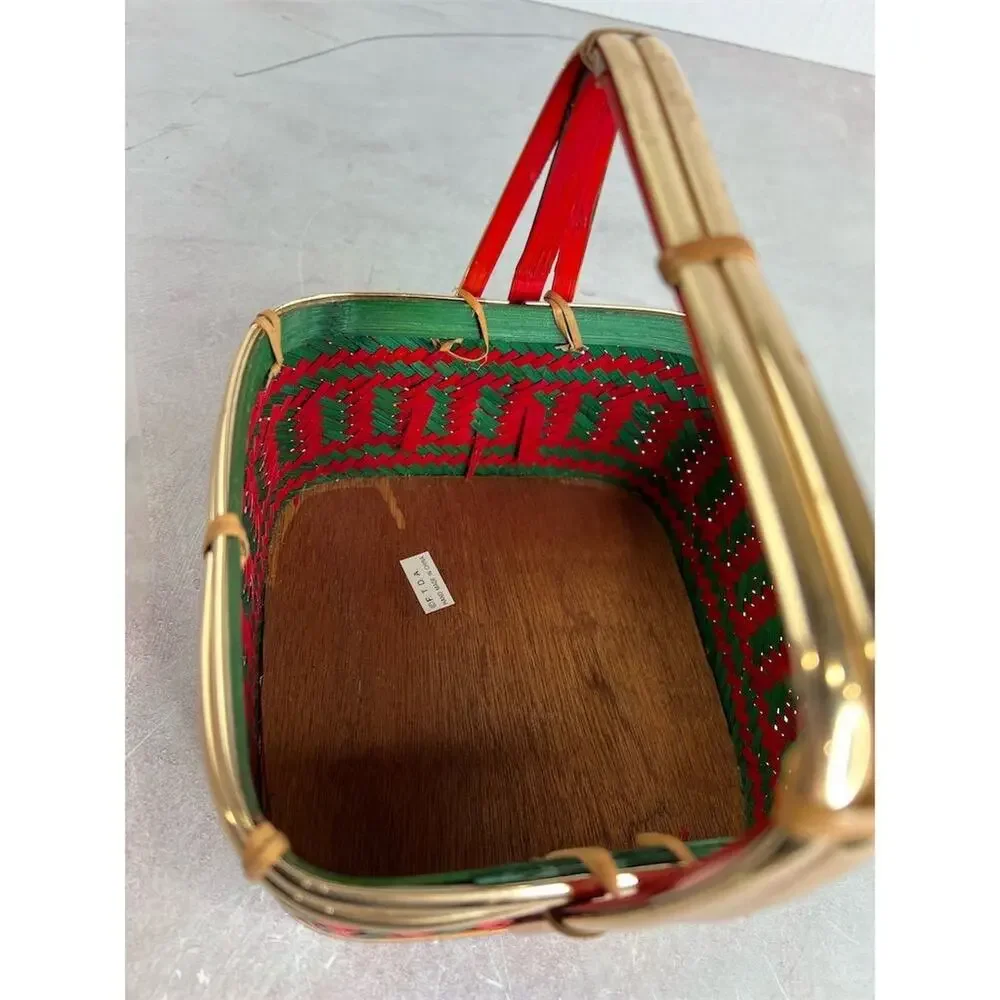 Vintage Red & Green Woven Basket with‎ Handle Country Style Small planter
